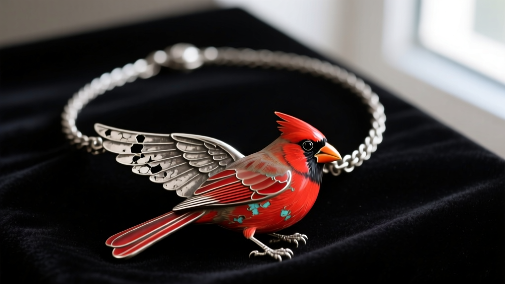 Macro shot of tarnished silver cardinal necklace on dark velvet, showing oxidized crevices and chipped red enamel on the wing