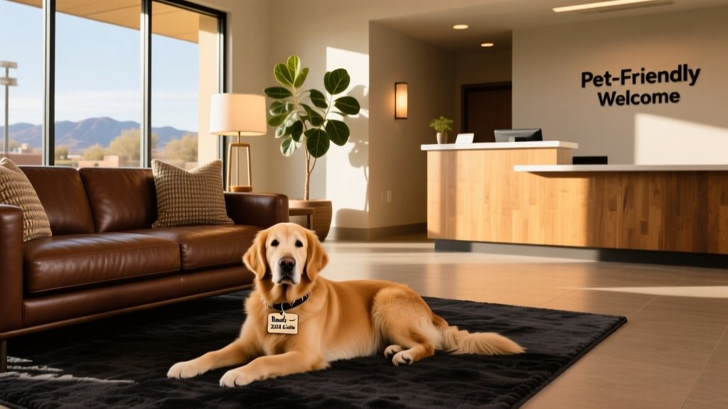 A cozy, modern hotel lobby in Flagstaff with a dog resting on a plush rug beside a leather sofa