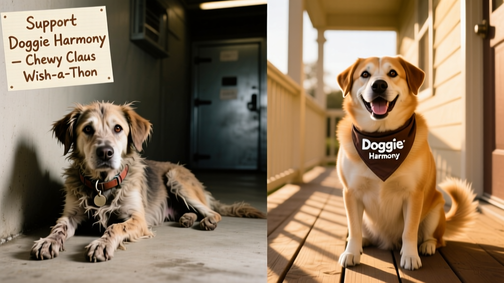 A before-and-after collage showing a rescued dog’s transformation through Doggie Harmony’s care program