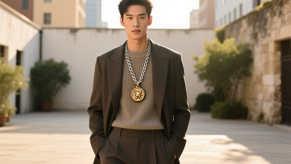 Person wearing a layered setup featuring a small Terraria Pygmy pendant on a 20-inch oxidized silver wheat chain outdoors.