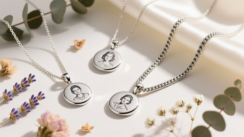 Flat lay of custom photo-engraved sterling silver pendants on varying chains, styled elegantly with dried flowers and ivory silk