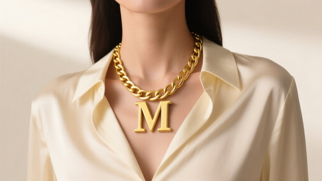 Model wearing a chunky 14k yellow gold big letter necklace with a 40mm initial M on a 3mm curb chain against a cream silk blouse.