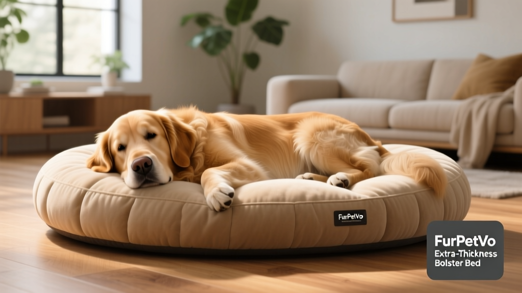 Large golden retriever resting with head supported on the thick, rounded bolster of the FurPetVo Extra-Thickness Bolster Bed
