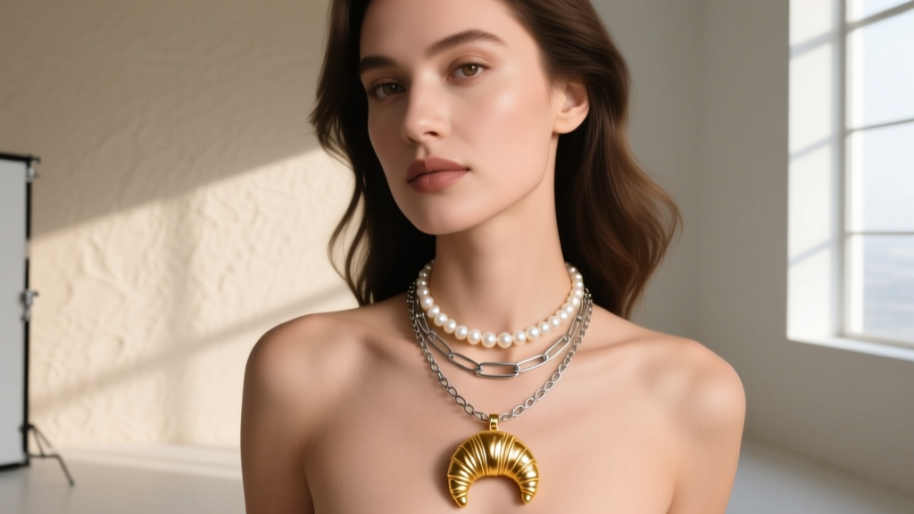 Woman wearing a layered stack featuring a 12mm croissant pendant paired with a pearl choker and delicate paperclip chain