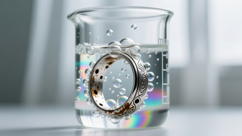 Glass beaker of electrolytic silver cleaning solution showing bubbles forming around a submerged tarnished silver ring