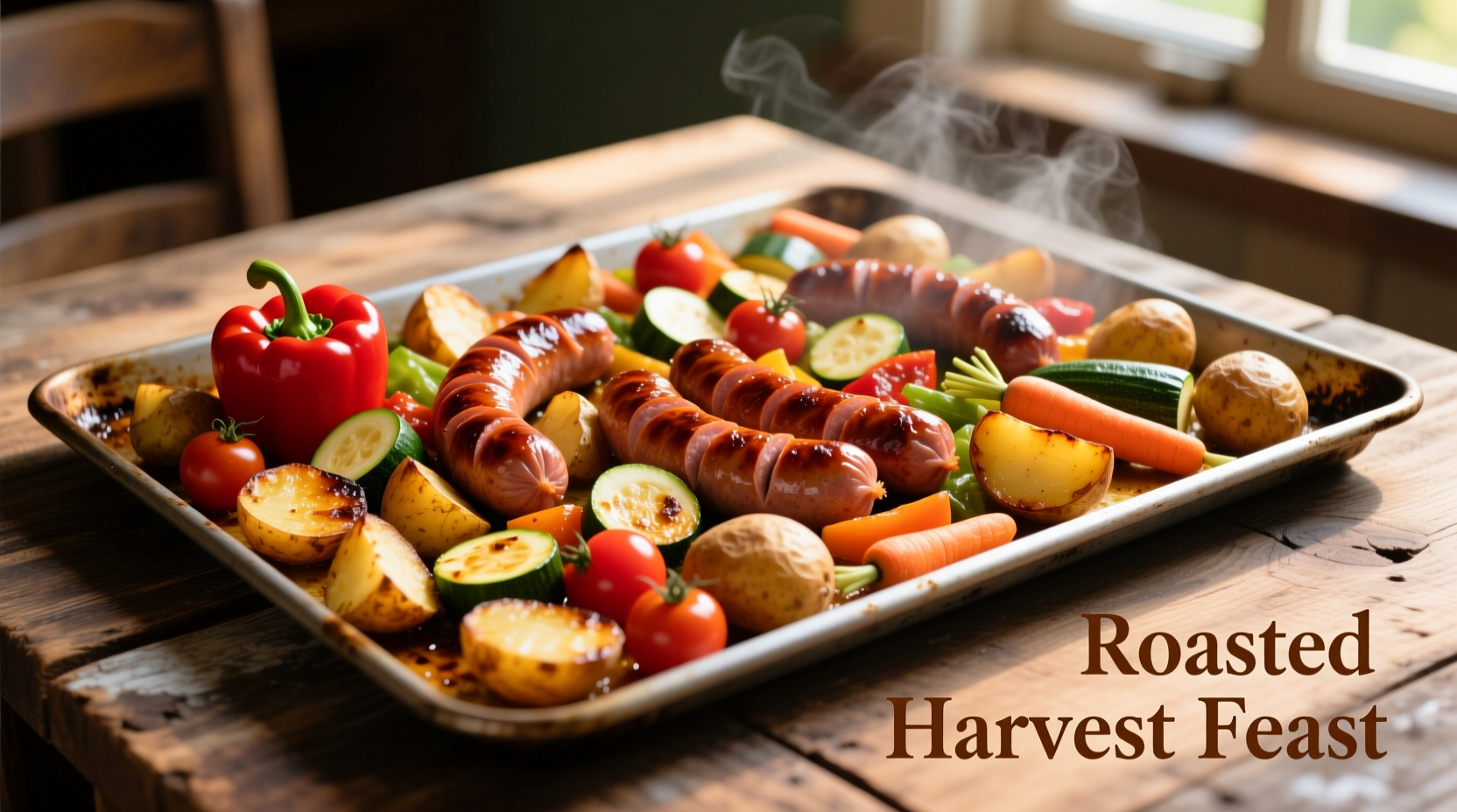 Colorful sheet pan potato dinner with sausage and vegetables