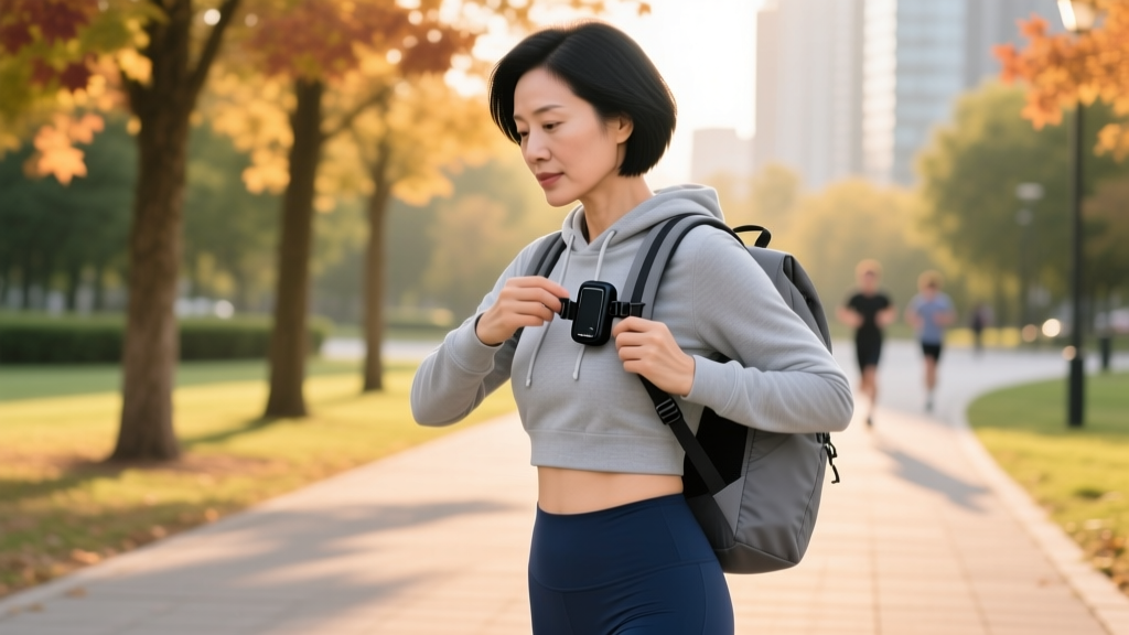 Woman clipping a matte-black wearable voice recorder to her backpack strap before heading out for a safe morning jog.