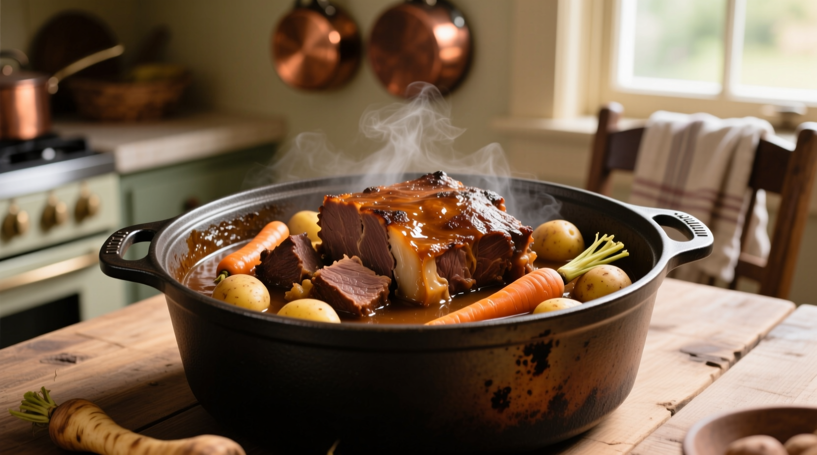 Perfectly cooked pot roast with vegetables in cast iron pot
