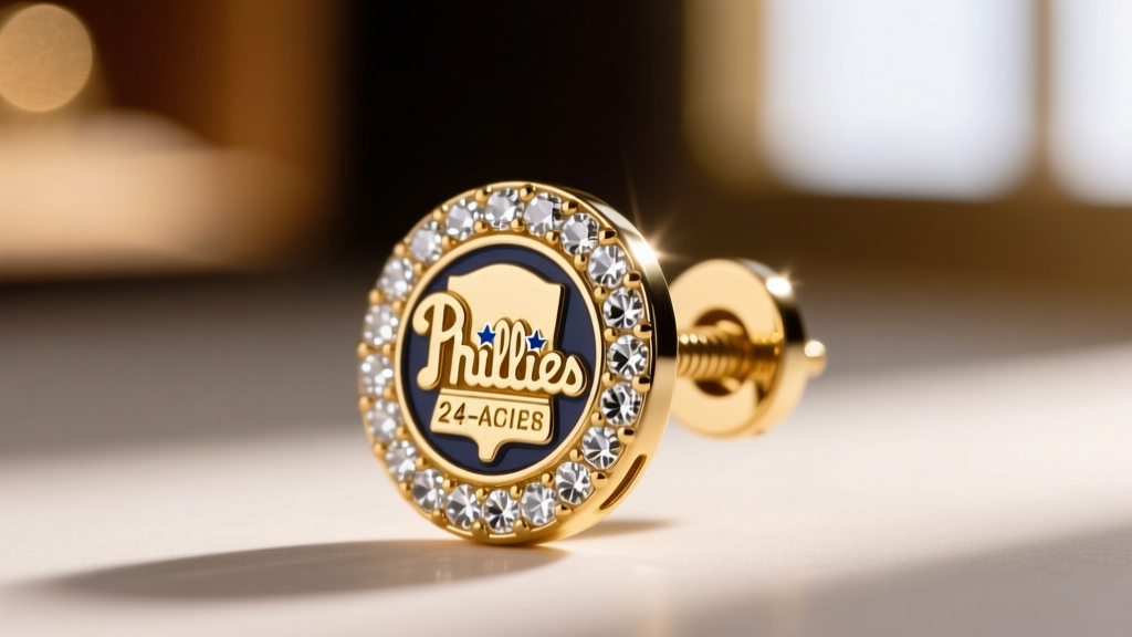 Close-up of a secure screw-back earring post with a crystal-encrusted Phillies logo charm against a soft blurred background