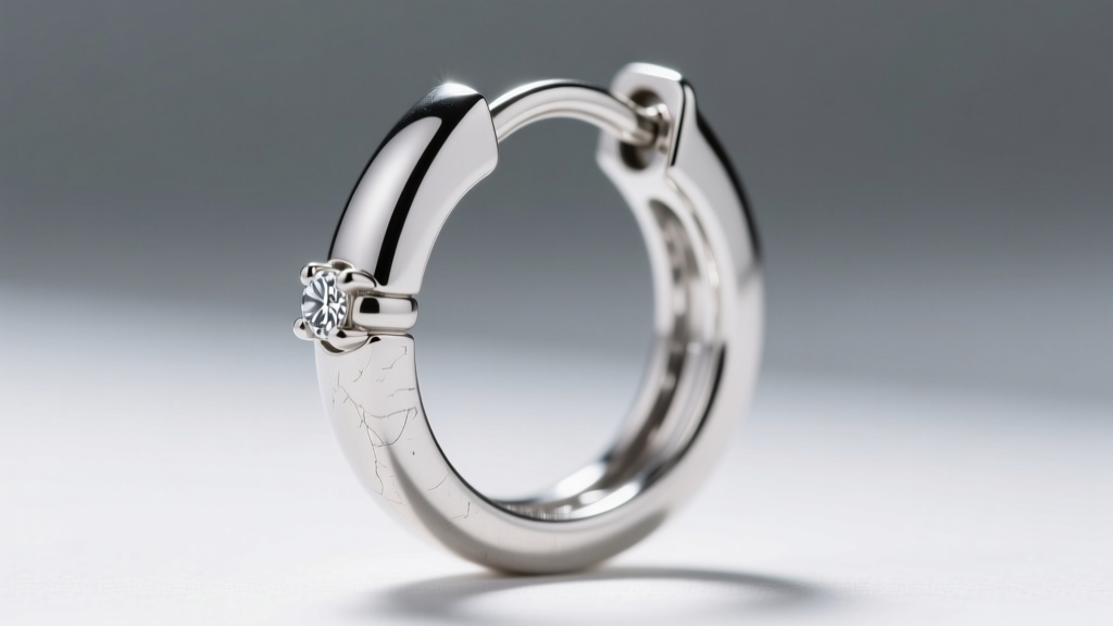 Macro shot of a platinum open hoop earring post-and-catch closure mechanism, with a tiny pave diamond accent visible on the clasp