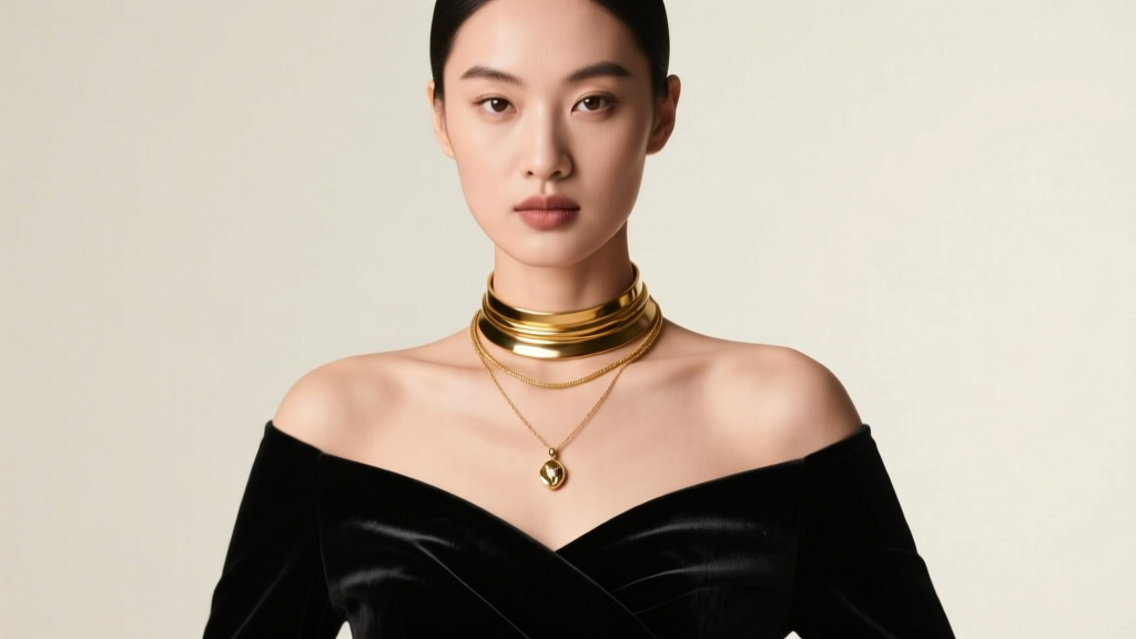 Model in black off-the-shoulder velvet dress wearing layered gold vermeil choker and pendant necklace under soft studio lighting