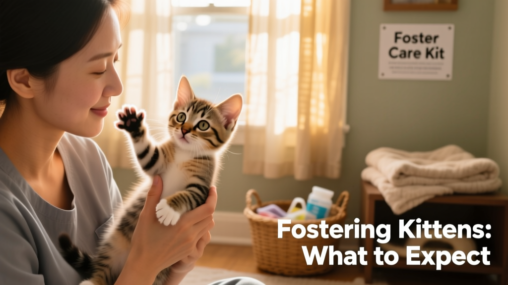 A smiling foster caregiver gently holding a curious, playful 6-week-old kitten during a supervised play session