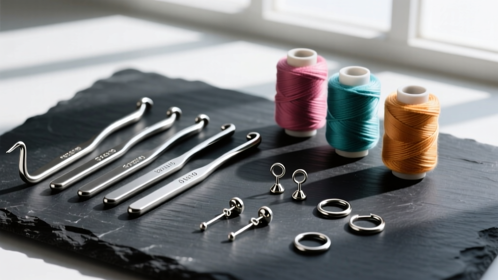 Flat lay of steel crochet hooks, size 10 cotton thread, and surgical steel earring posts with jump rings on dark slate background.