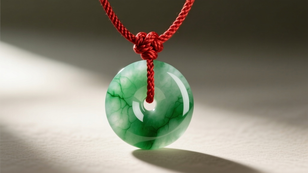 A traditional Chinese jade necklace featuring a translucent green jadeite bi-disc pendant on a hand-knotted red silk cord