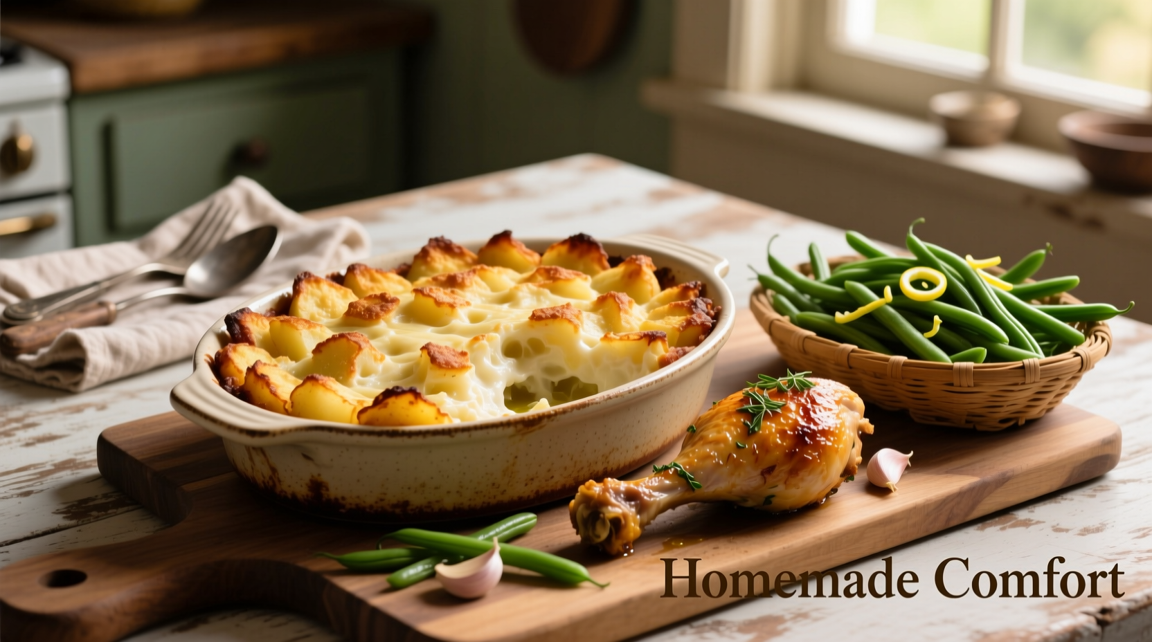 Potato bake served with roasted chicken and green beans