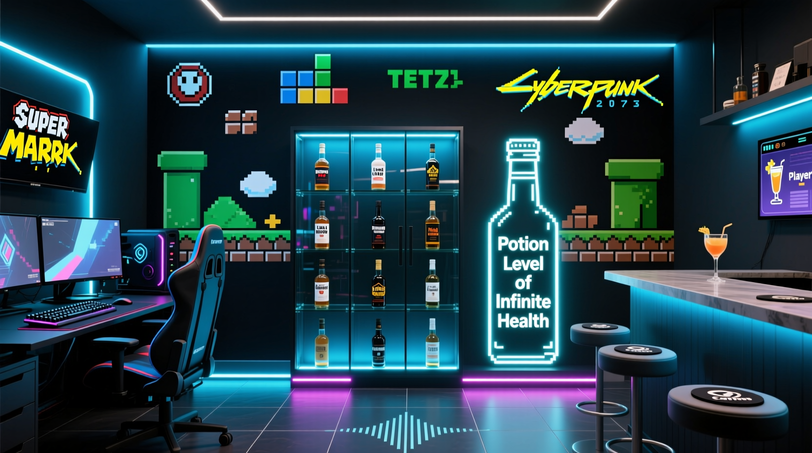 how to decorate a gaming den with themed liquor bottles as decor