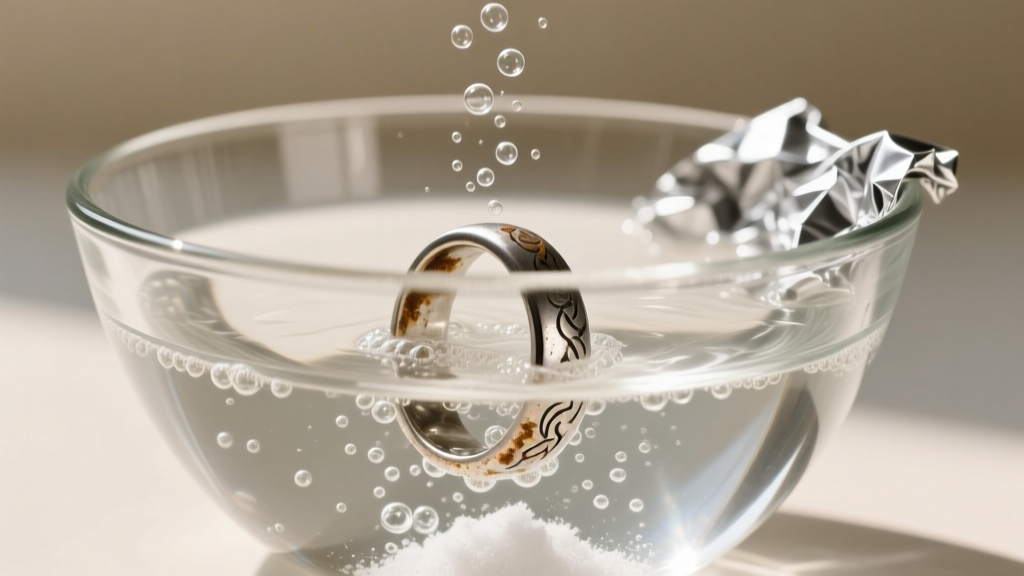 Glass bowl with aluminum foil, boiling water, baking soda, and a submerged tarnished silver ring releasing tiny chemical bubbles.