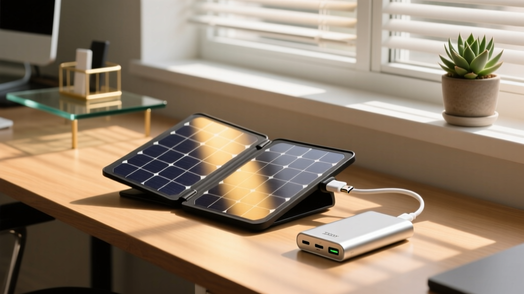 Foldable 20W monocrystalline solar panel charger resting on a sunlit home office windowsill, connected via USB-C to an aluminum power bank