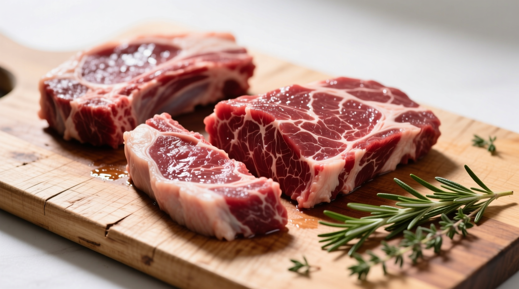 Fresh goat meat cuts on wooden cutting board