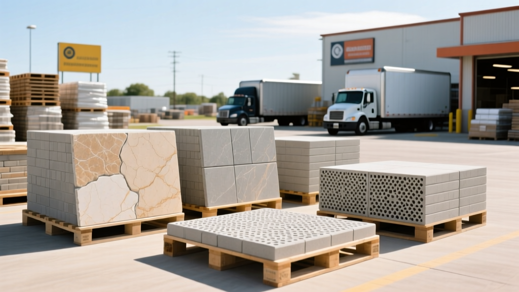 Pallets of natural limestone veneer and permeable concrete pavers staged at a bustling building materials supply yard in Huntington on a sunny morning