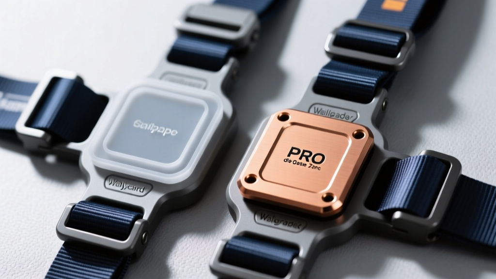 Side-by-side comparison of the standard polycarbonate pad and the upgraded PRO die-cast zinc pad attached to a heavy-duty camera harness system.