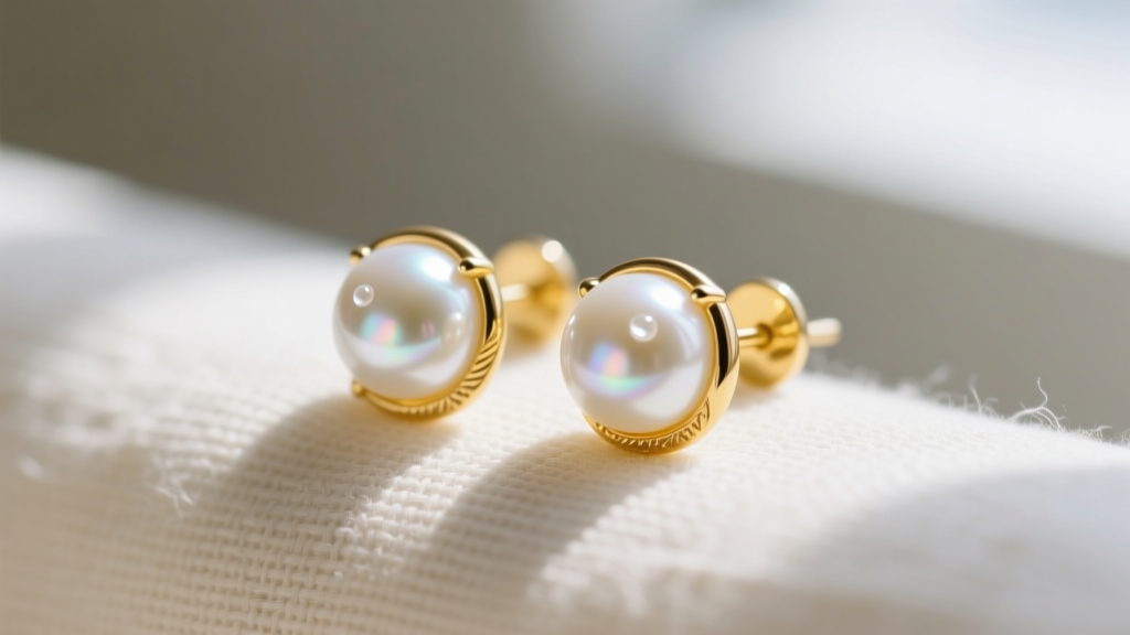 Macro shot of 7mm white Akoya pearl stud earrings in 14k yellow gold resting on cream linen in soft natural light