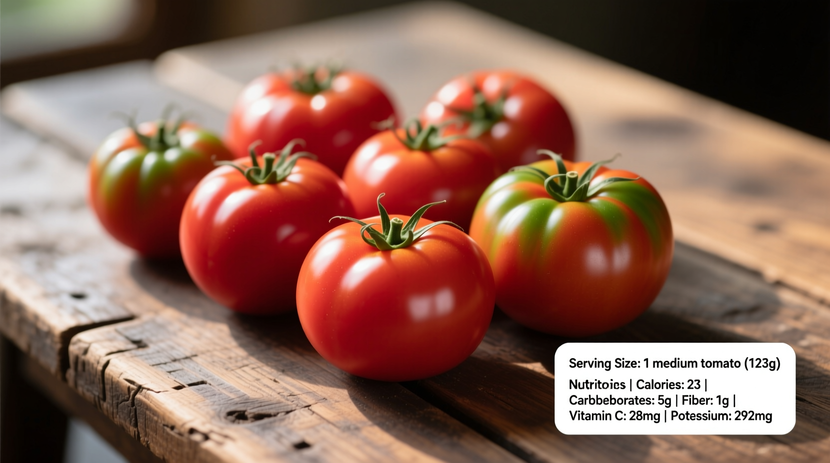 Fresh tomatoes on wooden table with nutrition facts