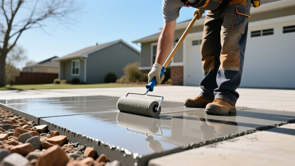 Worker applying glossy acrylic sealer with a roller over freshly poured exposed aggregate concrete driveway featuring gray and brown stones.