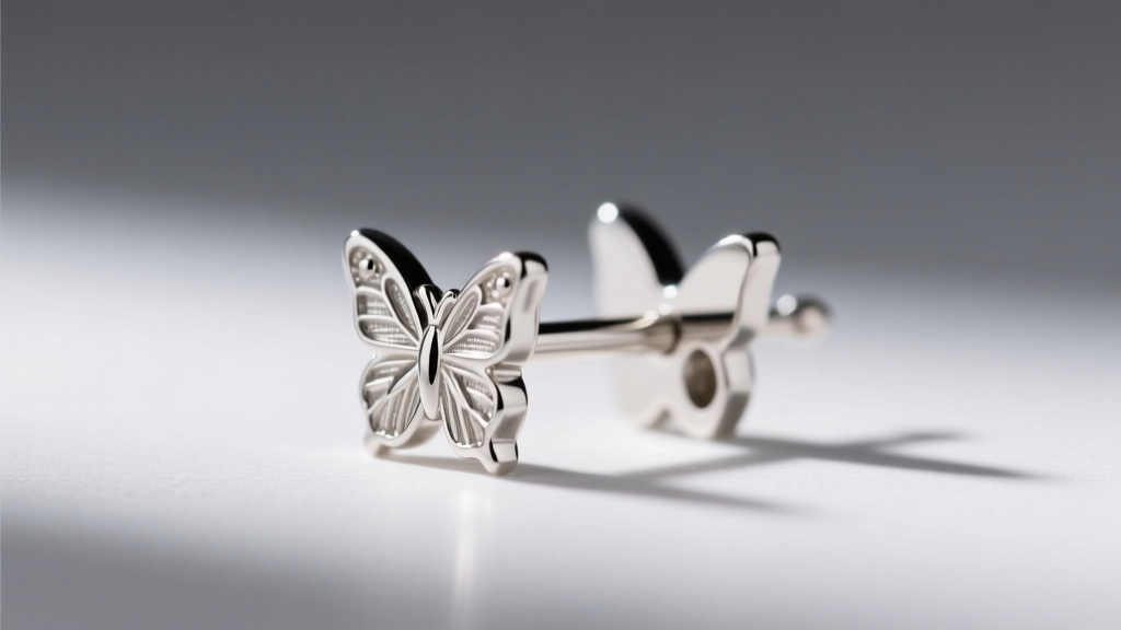 Close-up of a 20-gauge sterling silver earring post and butterfly back showing the bright rhodium finish against a soft shadow