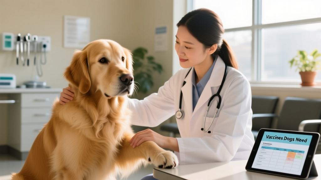 A calm, healthy golden retriever sitting beside a veterinarian during a wellness exam