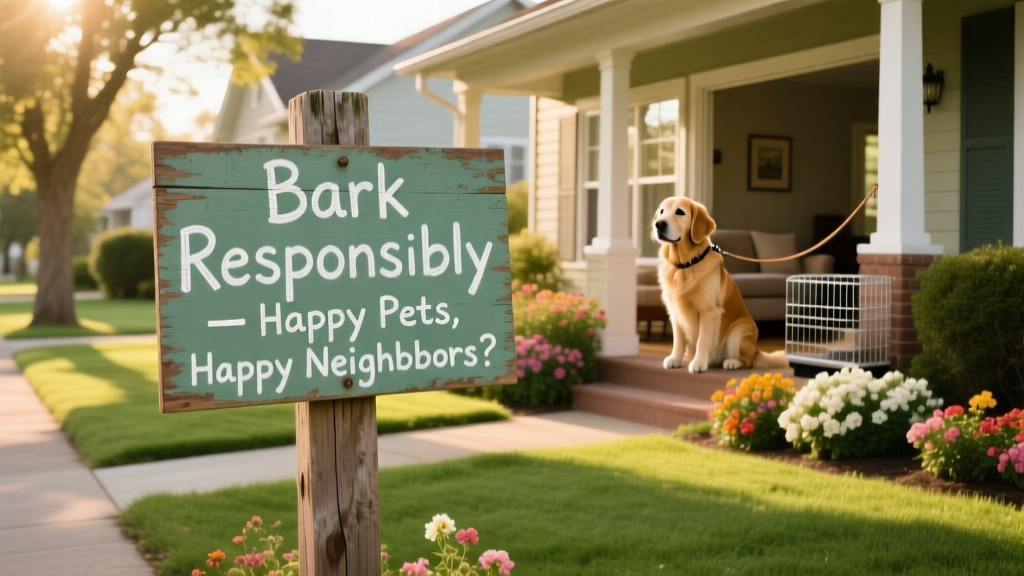 A friendly neighborhood sign reading 'Bark Responsibly – Happy Pets, Happy Neighbors'