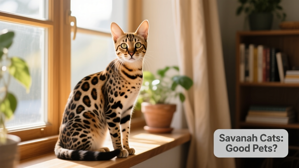 A sleek, spotted Savannah cat sitting upright and alert on a sunlit windowsill, showcasing its tall ears and lean build