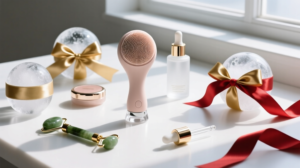 Flat lay of various facial beauty gadgets including a silicone cleansing brush and cryo-globes wrapped in festive ribbon.