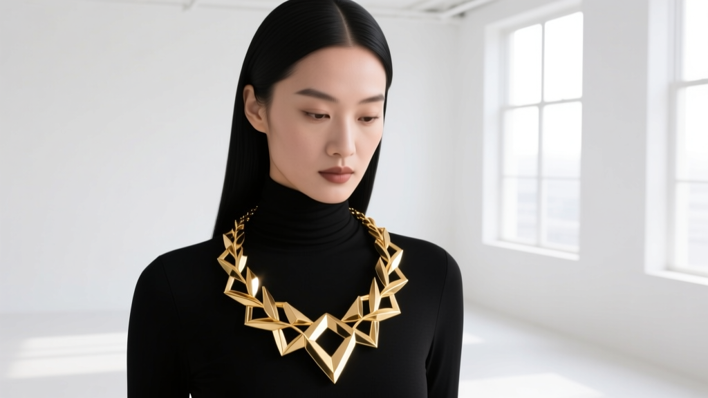 Woman wearing an 18-inch 14k gold geometric wreath necklace over a black turtleneck, showcasing minimalist modern styling.