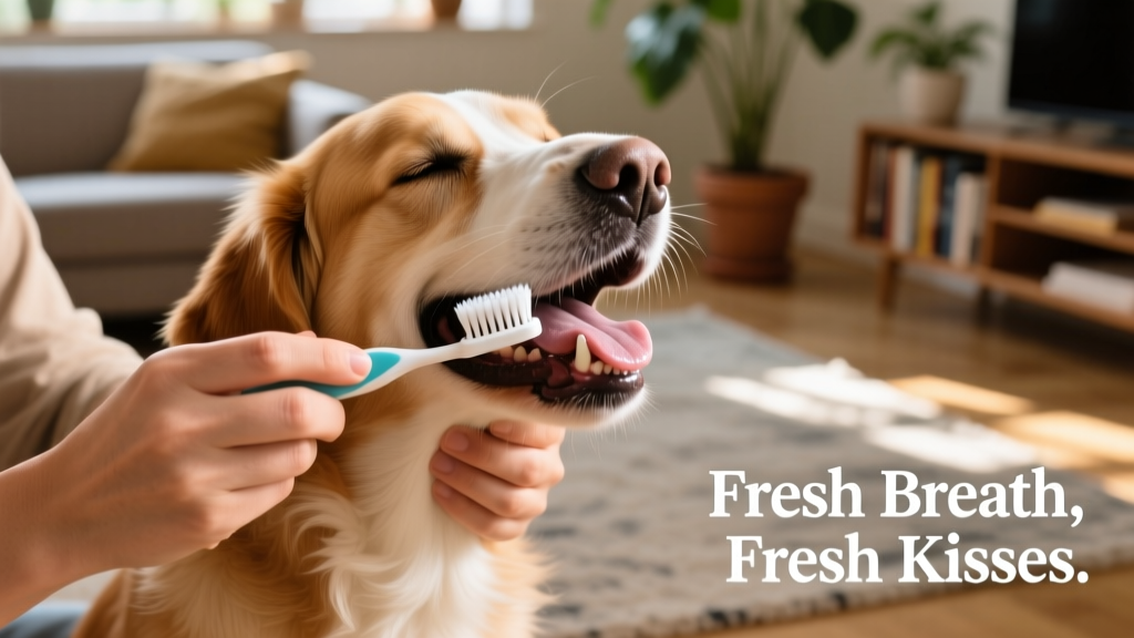 Dog owner gently brushing their dog's teeth with a canine toothbrush and pet-safe toothpaste