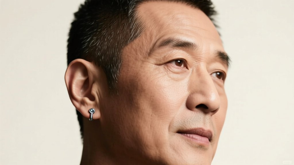 Close-up portrait of a man with a short fade haircut wearing a minimalist 18-gauge titanium stud in his left ear lobe, studio lighting