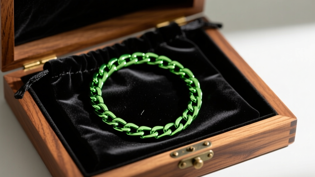 Lime green anodized titanium chain necklace resting inside a dark velvet anti-tarnish pouch in an open cedar wood jewelry box.