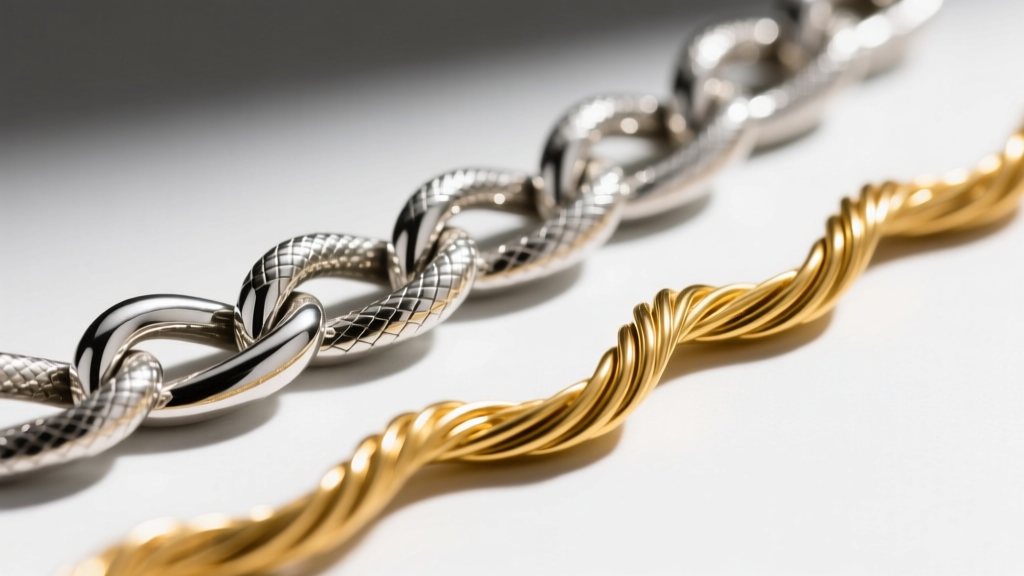 Macro comparison of a kinked sterling silver snake chain and flexible 14k yellow gold cable chain under bright directional light.