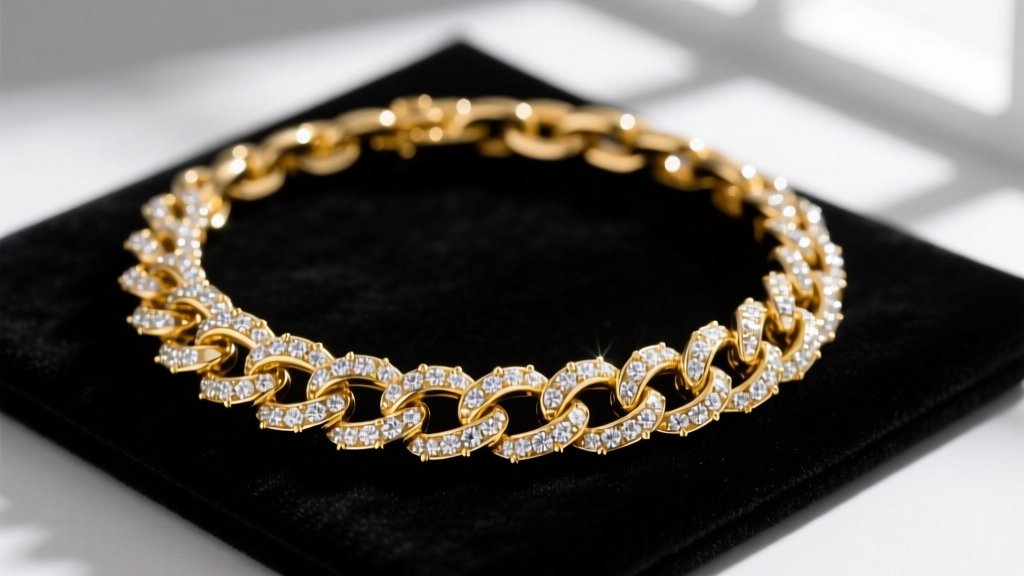 Close-up of a 14mm 14k yellow gold Cuban link necklace with micro-pavé lab diamonds resting on a dark velvet display pad.