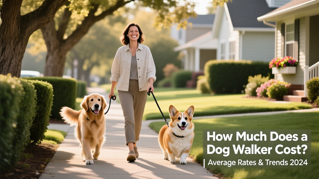 A friendly dog walker strolling with two medium-sized dogs on quiet suburban sidewalks