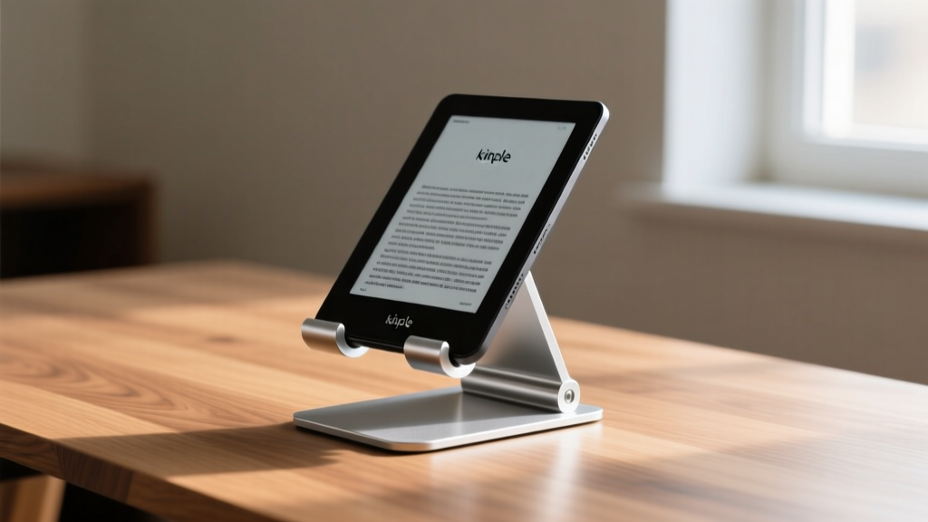 Adjustable CNC-machined aluminum tablet stand holding a Kindle Scribe at a 45-degree angle on a minimalist oak wood desk