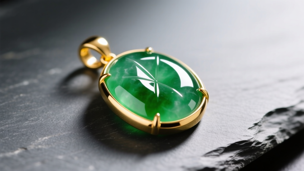 Close-up of a vibrant, translucent Type A imperial green jadeite pendant set in 18k yellow gold, resting on dark grey slate
