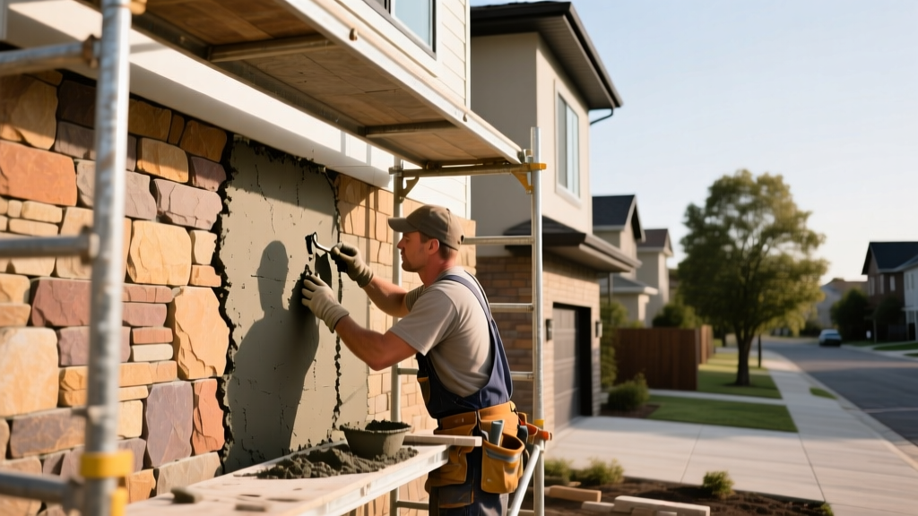 Professional mason applying mortar to manufactured stone veneer siding on a two-story residential exterior with scaffolding