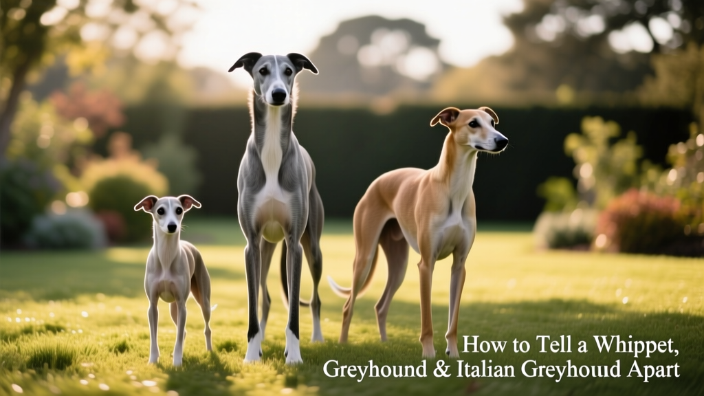 Three sighthounds side by side: a tall Greyhound, a medium Whippet, and a petite Italian Greyhound, all standing calmly on grass