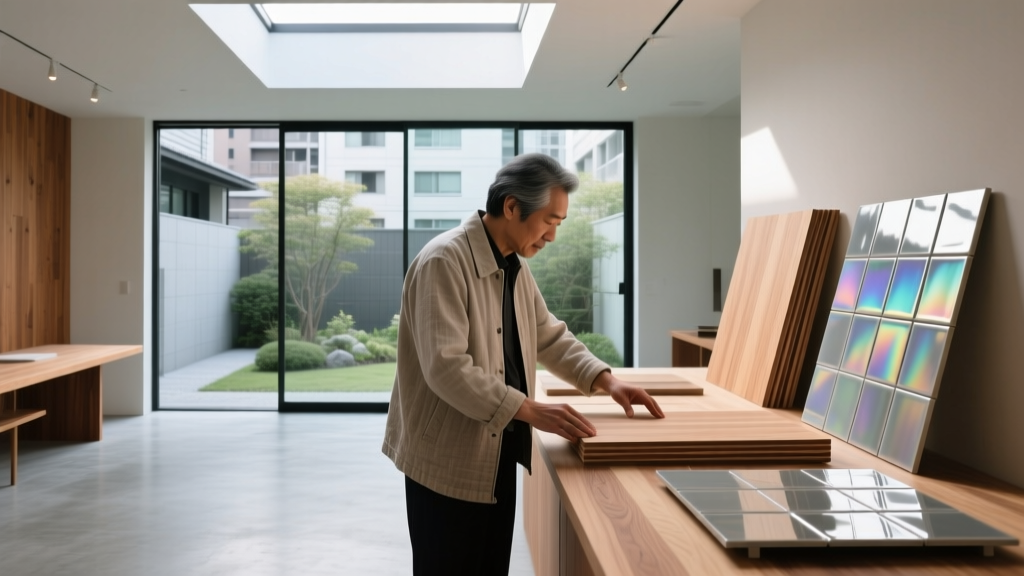 Architect examining Japanese building materials including cross-laminated timber and advanced ceramic tiles in a modern Tokyo design studio