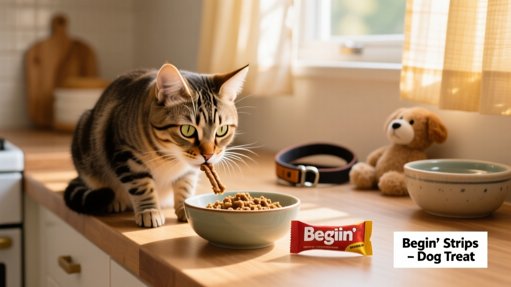 A curious cat sniffing a dog treat beside a bowl of cat food
