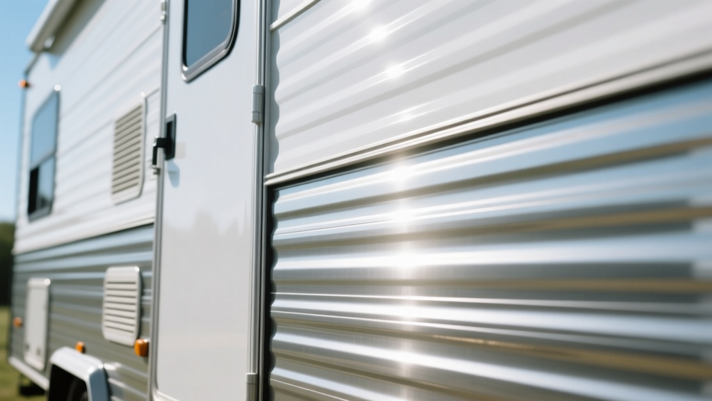 Close-up of travel trailer exterior showing smooth white fiberglass panels next to corrugated aluminum siding in bright sunlight.
