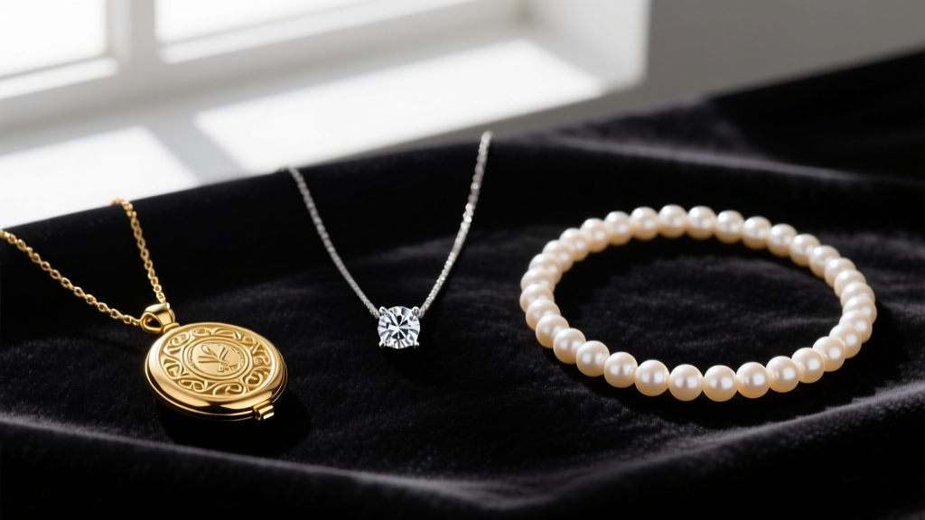 Flat lay of three necklace types including a gold locket, diamond solitaire, and pearl choker on dark velvet.