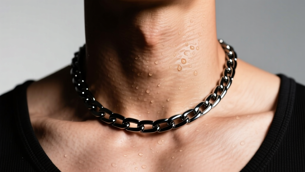 Close-up of a muscular neck wearing a matte black PVD-coated 316L stainless steel box chain necklace, glistening with light sweat.