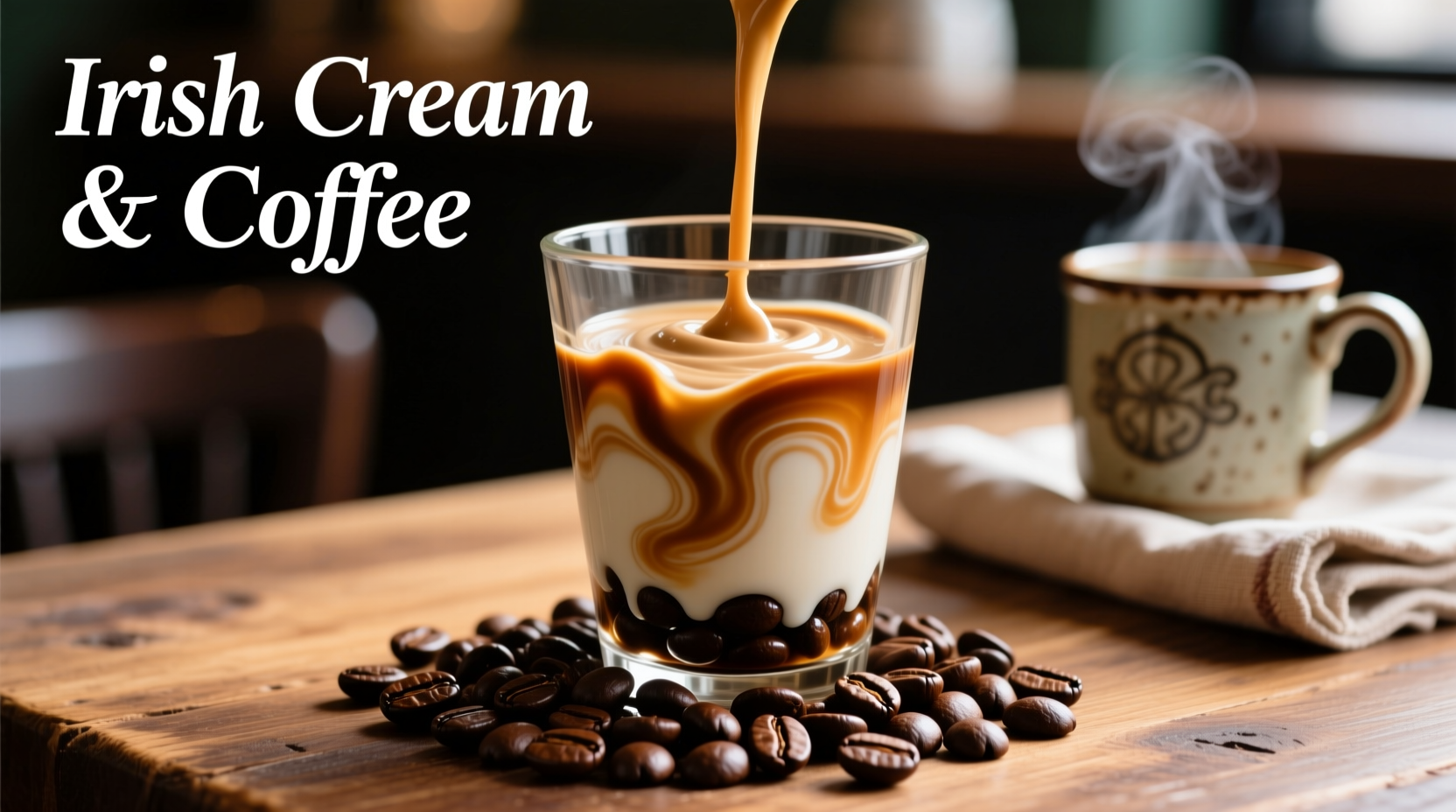 Irish cream poured into glass with coffee beans
